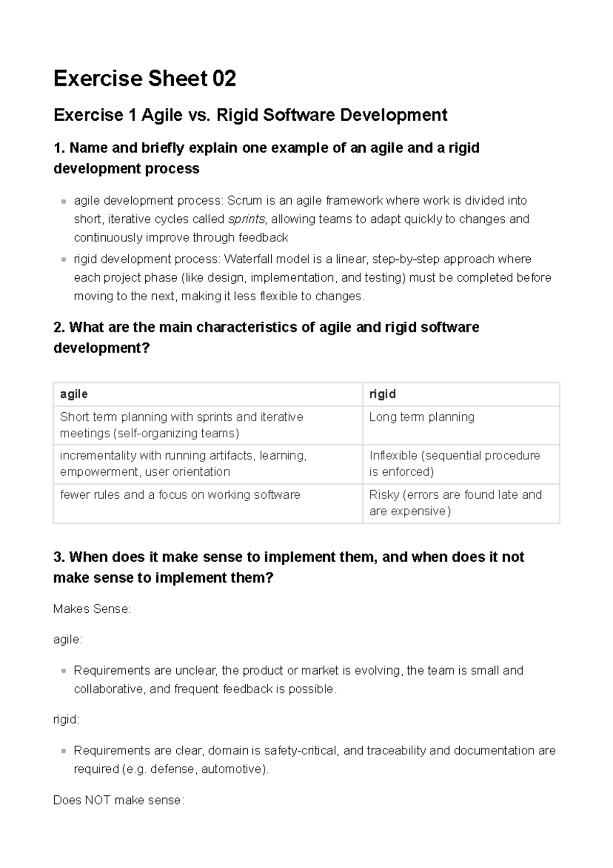 Exercise Sheet 02: Agile vs. Rigid Software Development Analysis - Studocu