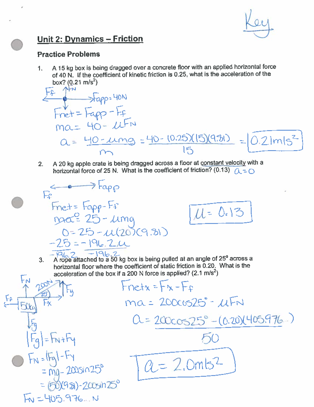 Friction and Fnet Worksheet Key (Unit 2: Dynamics Practice Problems ...