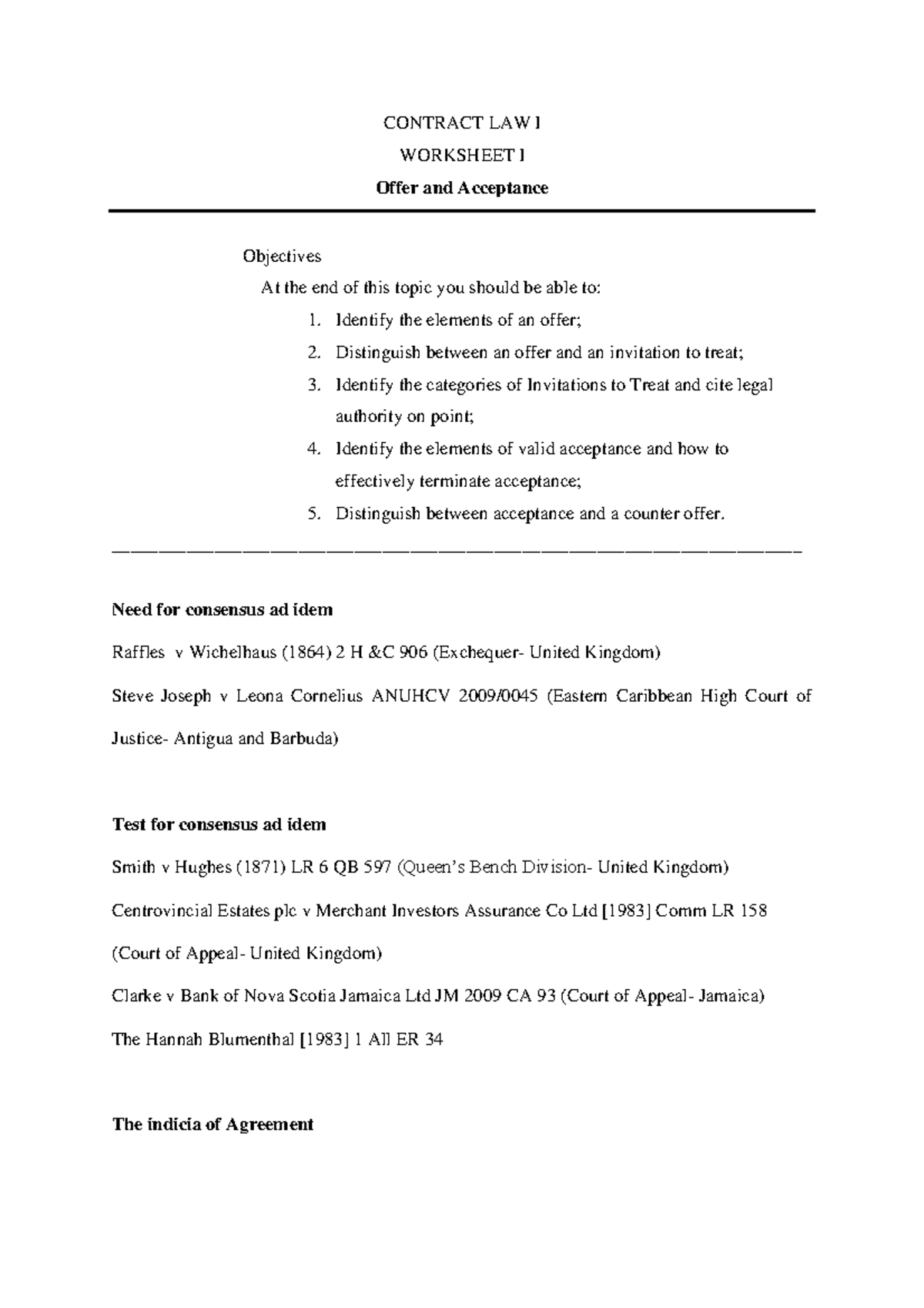 LAW 1410 - Worksheet 1 Offer and Acceptance - CONTRACT LAW I WORKSHEET ...