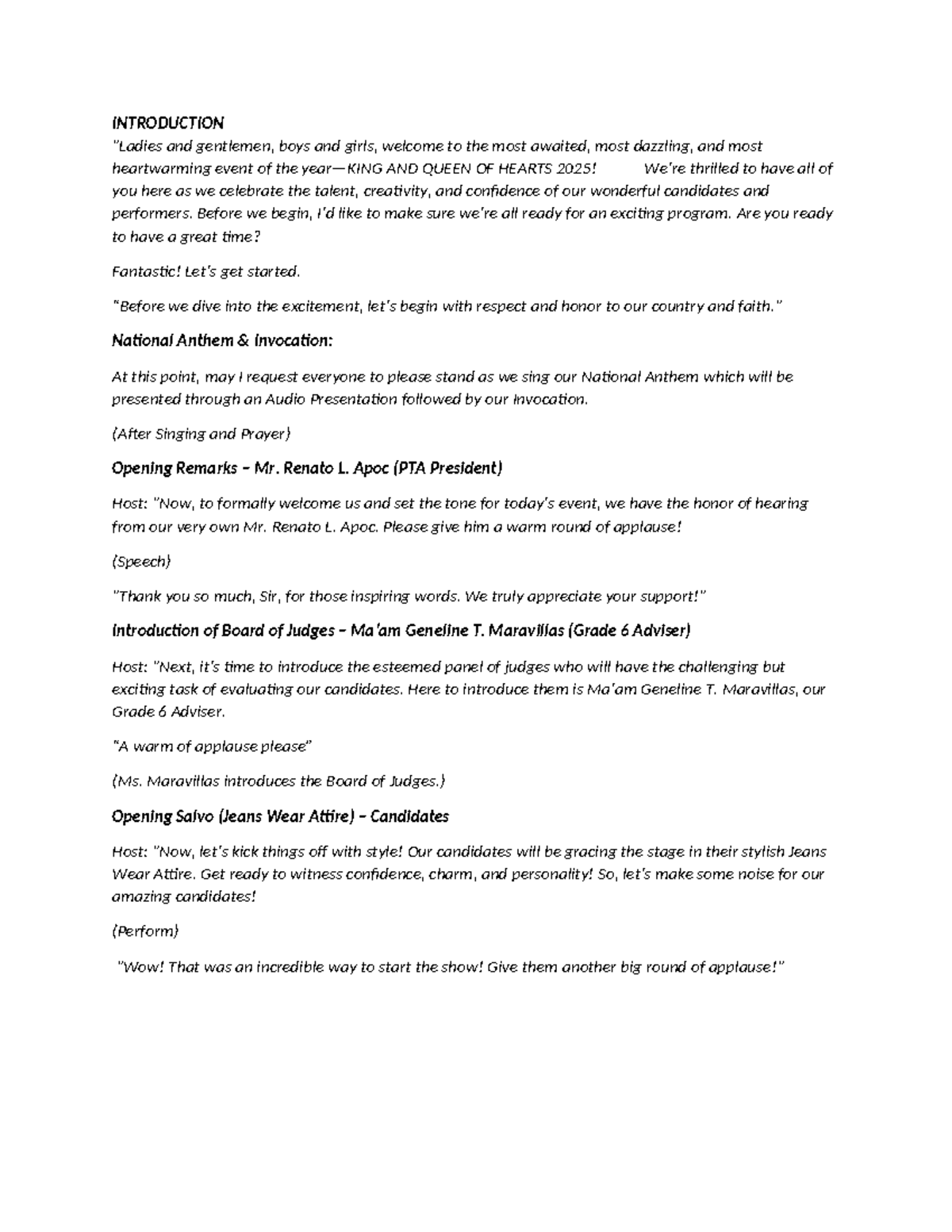 Script - INTRODUCTION "Ladies and gentlemen, boys and girls, welcome to ...