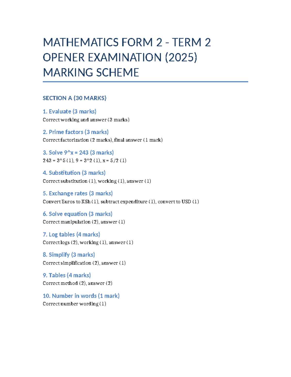 MATHEMATICS FORM 2 TERM 2 OPENER EXAM MARKING SCHEME (2025) - Studocu