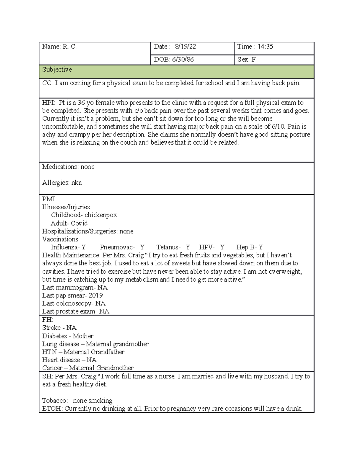 NUR602 Wk 1 SOAP Note for R.C.: Physical Exam & Back Pain - Studocu