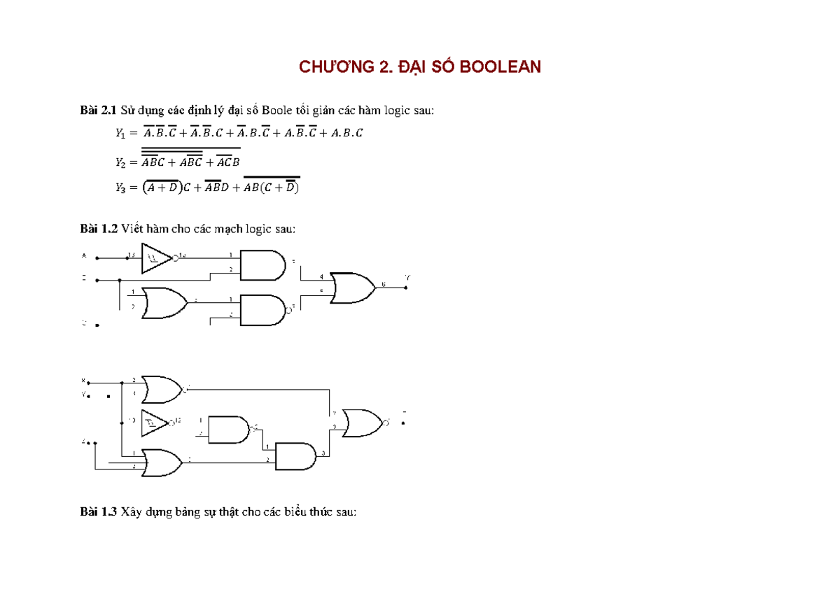 Bài tập Chương 2: Cổng Logic & Đại Số Boolean - Áp dụng Thực Tế - Studocu