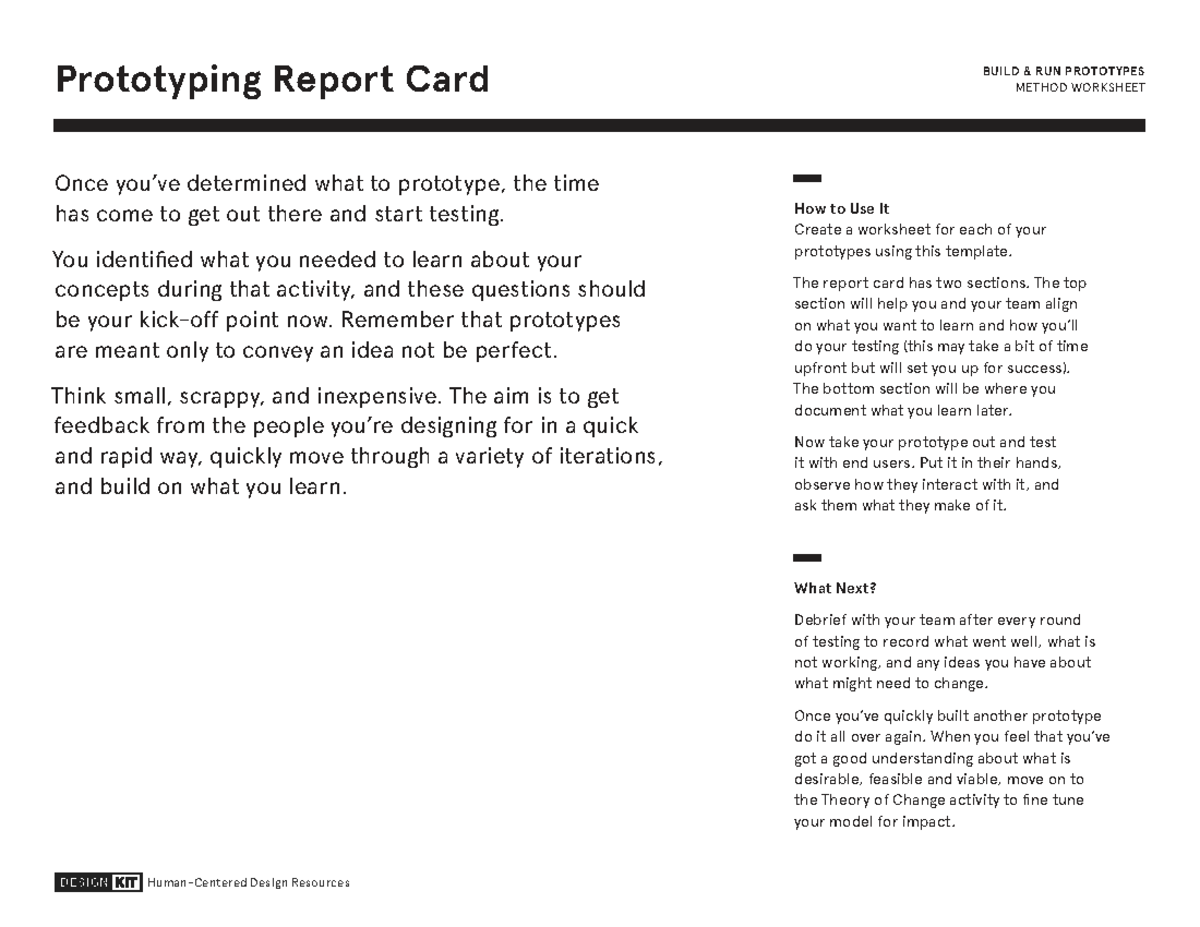Prototyping Report Card: BUILD RUN PROTOTYPES Method Guide - Studocu