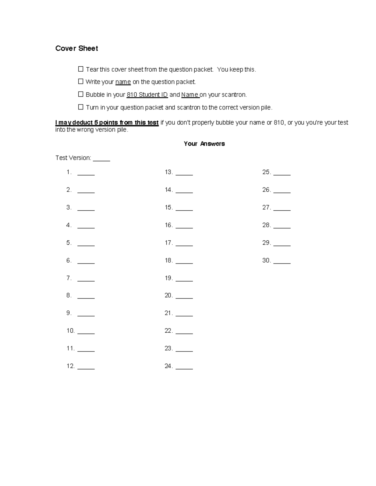 Practice exam #1 - Cover Sheet Tear this cover sheet from the question ...