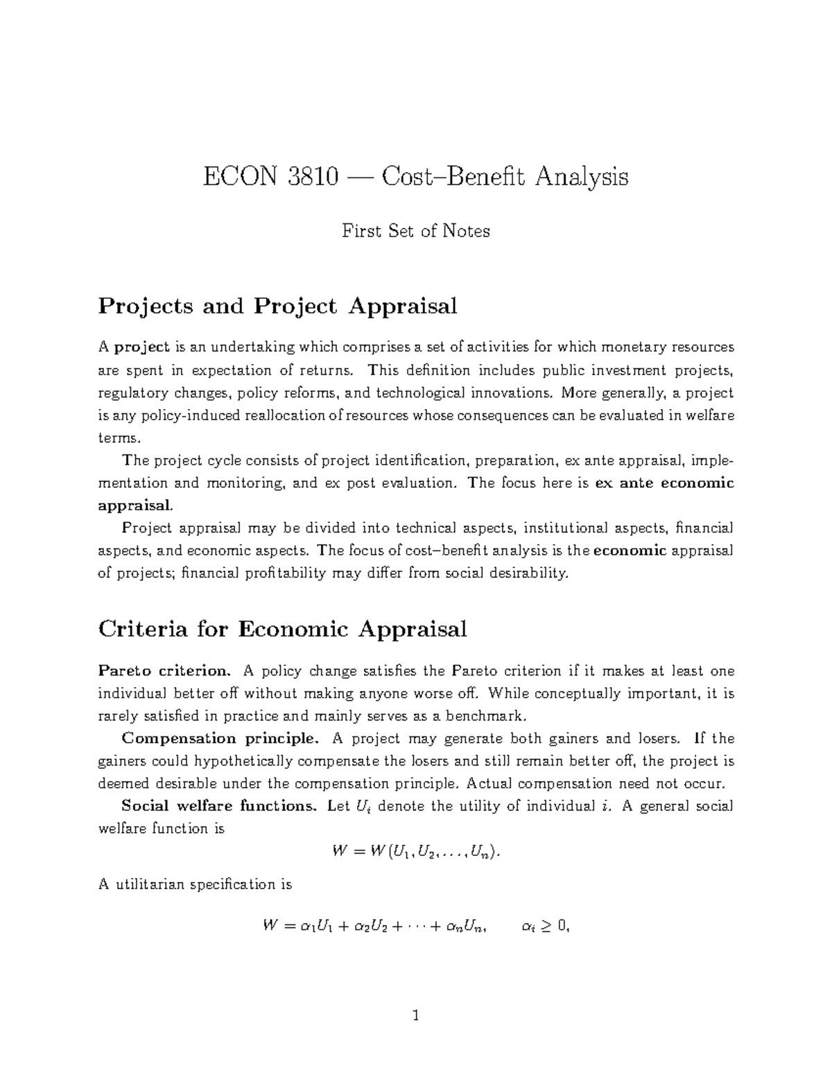 ECON 3810 Project Appraisal: Key Concepts and Welfare Analysis - Studocu