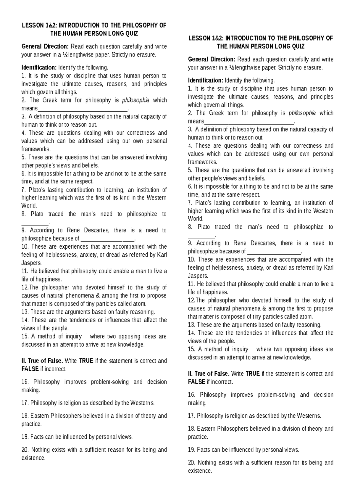LONG QUIZ IN PHIL 101: INTRODUCTION TO PHILOSOPHY OF THE HUMAN PERSON ...