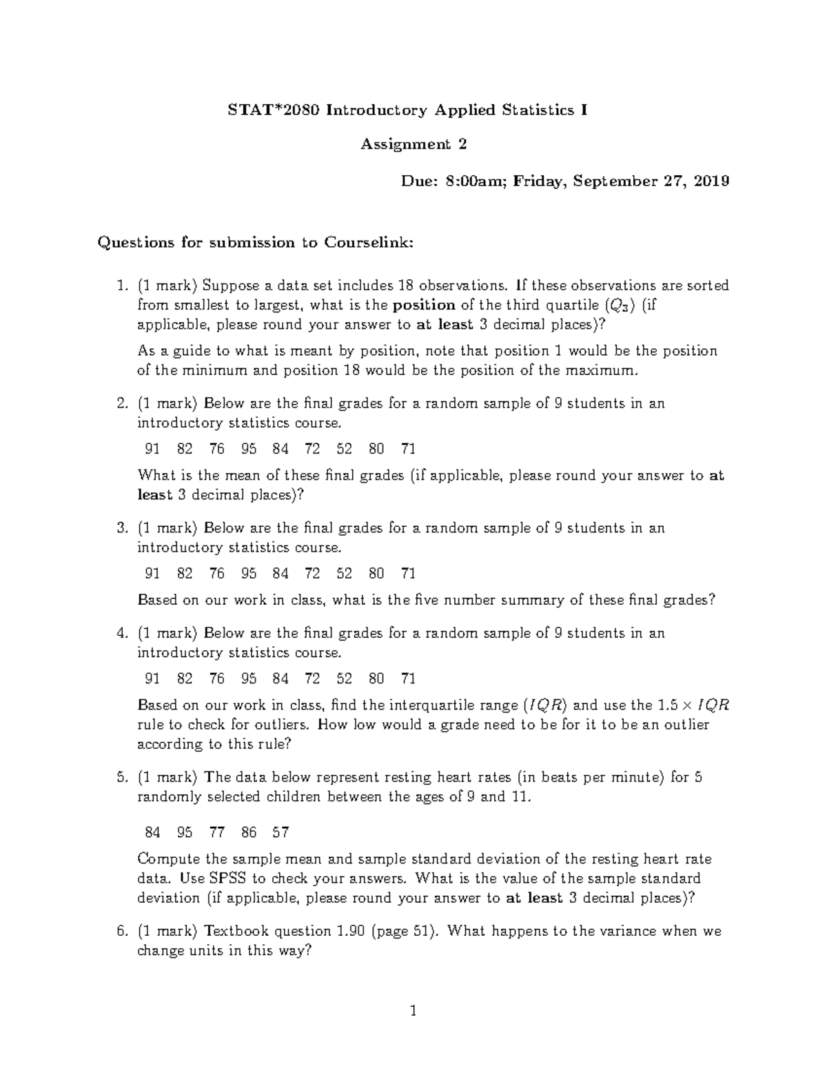 STAT*2080 Assignment 2 Questions - Introductory Applied Statistics I ...