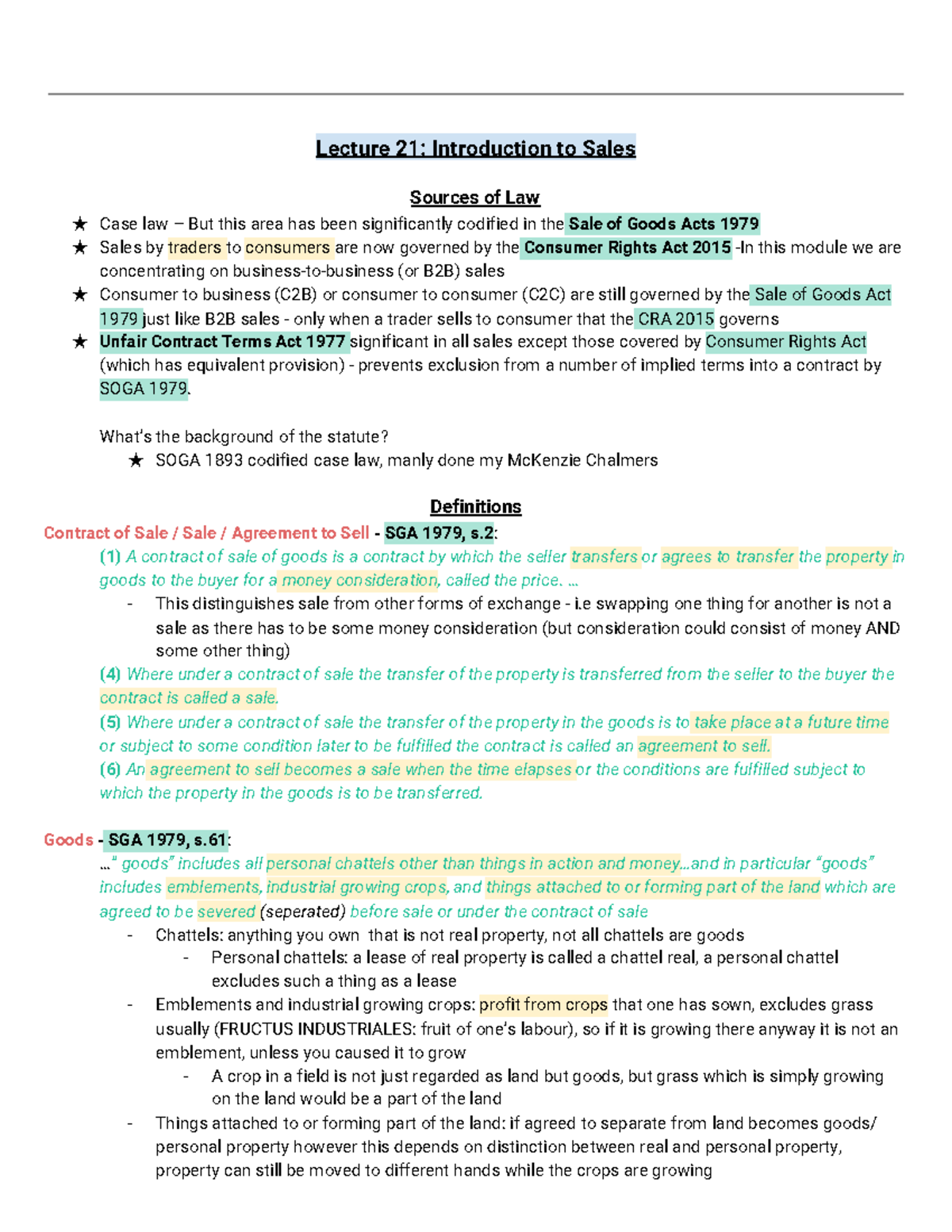 Topic 4 Notes: Sale of Goods Law - Lecture Overview & Key Principles ...