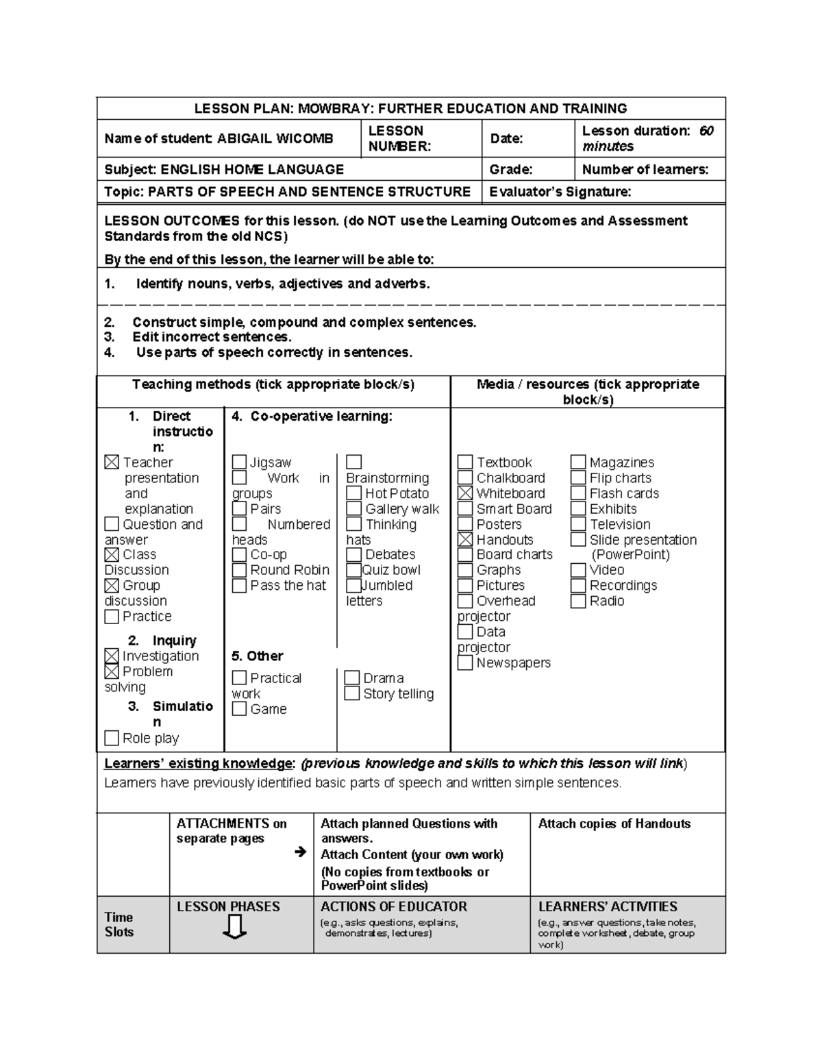 LESSON PLAN: ENGLISH HOME LANGUAGE - PARTS OF SPEECH & SENTENCE ...