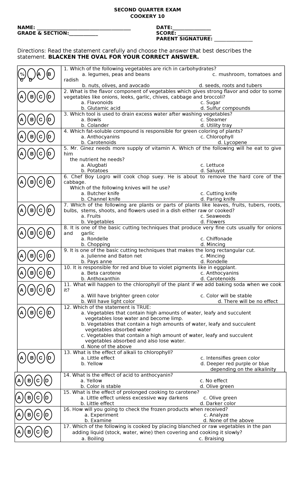 Cookery 10 Q2 Exam: Comprehensive Questions and Answers - Studocu