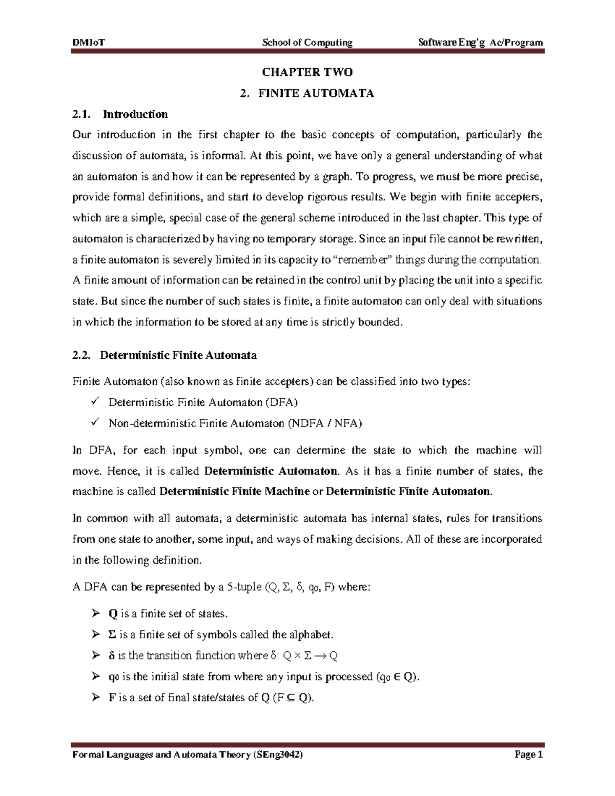 Chapter 2 - Finite Automata (SEng3042) Overview and Concepts - Studocu