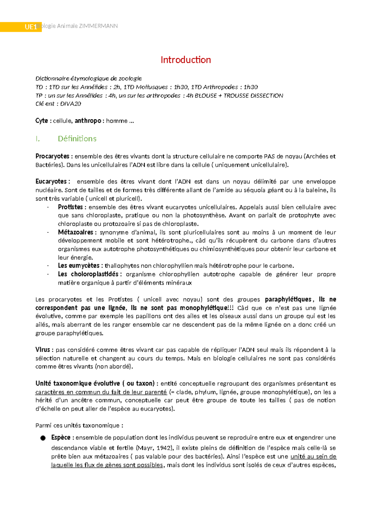 Introduction - Résumé des Concepts Évolutionnaires en Zoologie - Studocu