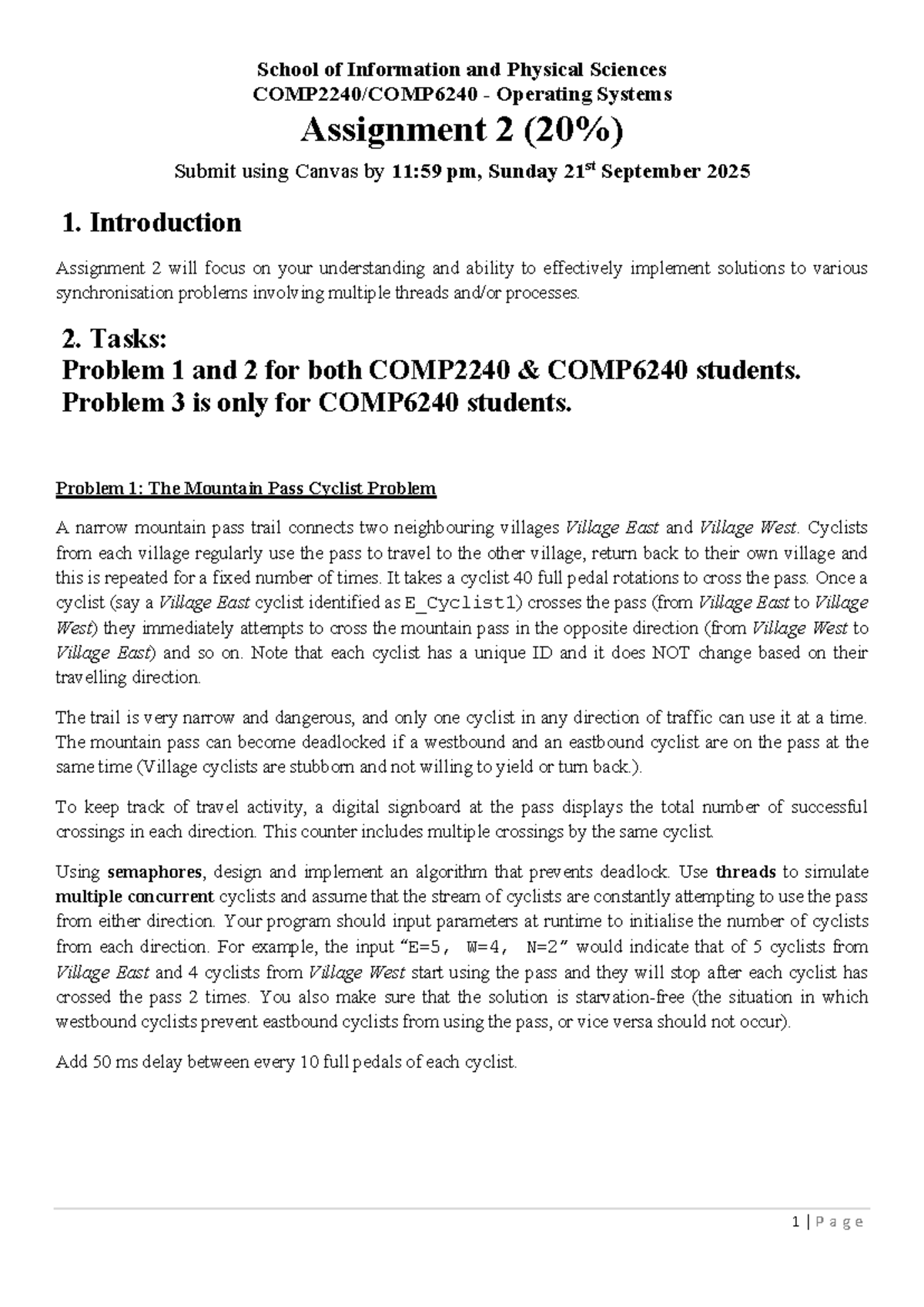 COMP2240/COMP6240 Operating Systems Assignment 2: Synchronization ...