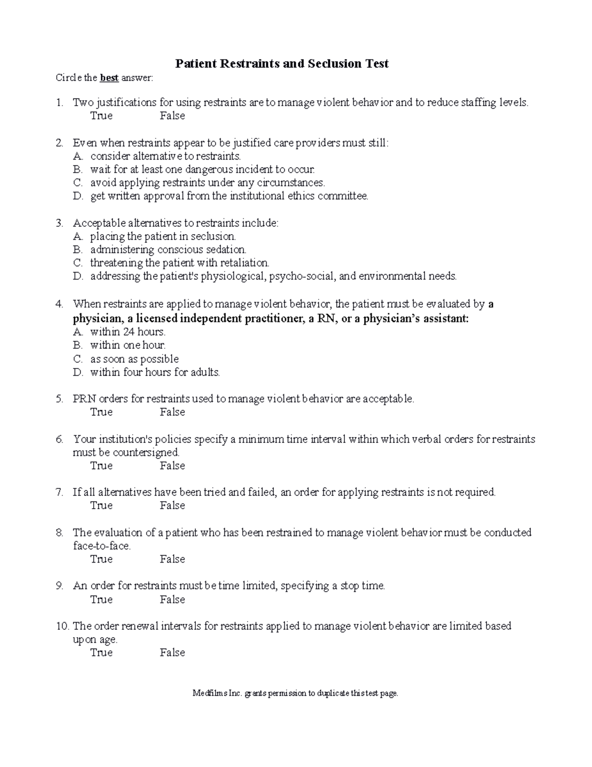Patient Restraints & Seclusion Test: Exam Practice Questions - Studocu