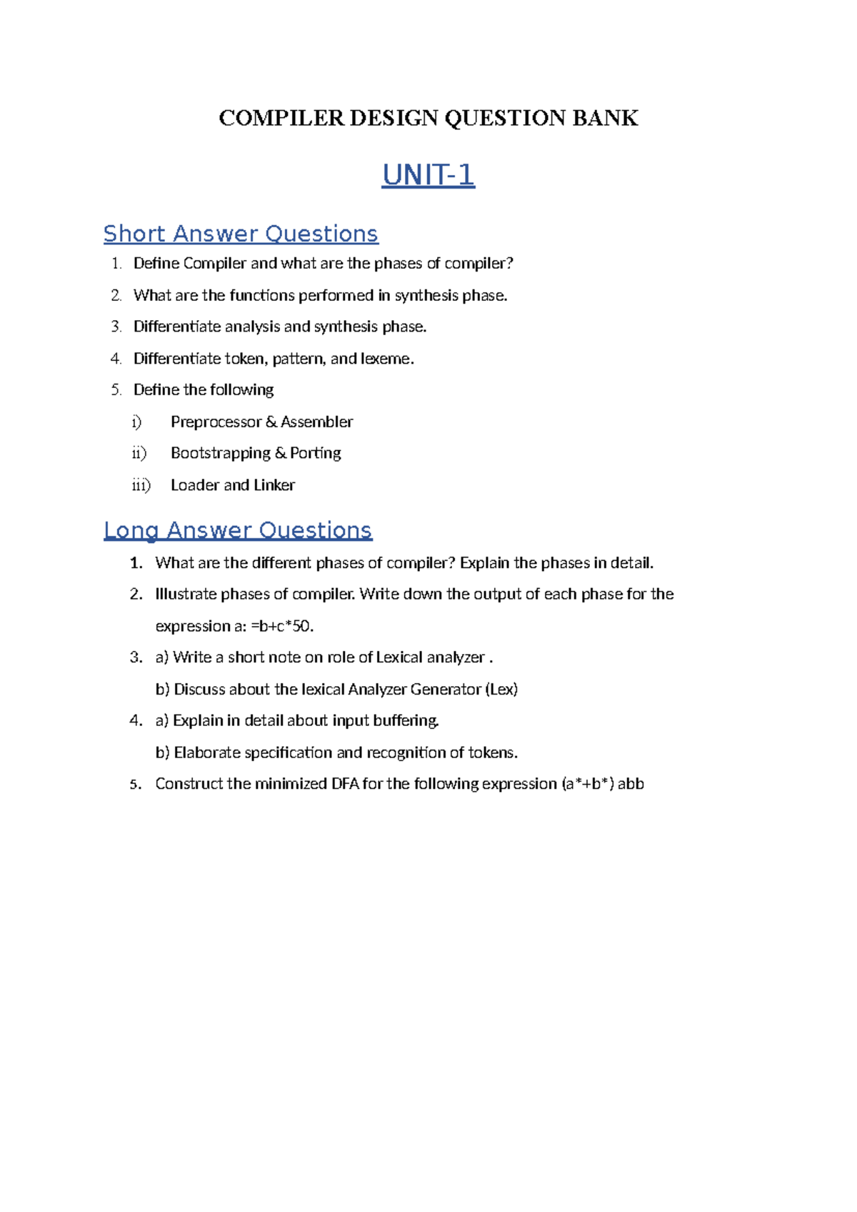 COMPILER DESIGN (CS101) QUESTION BANK: Short & Long Answers - Studocu