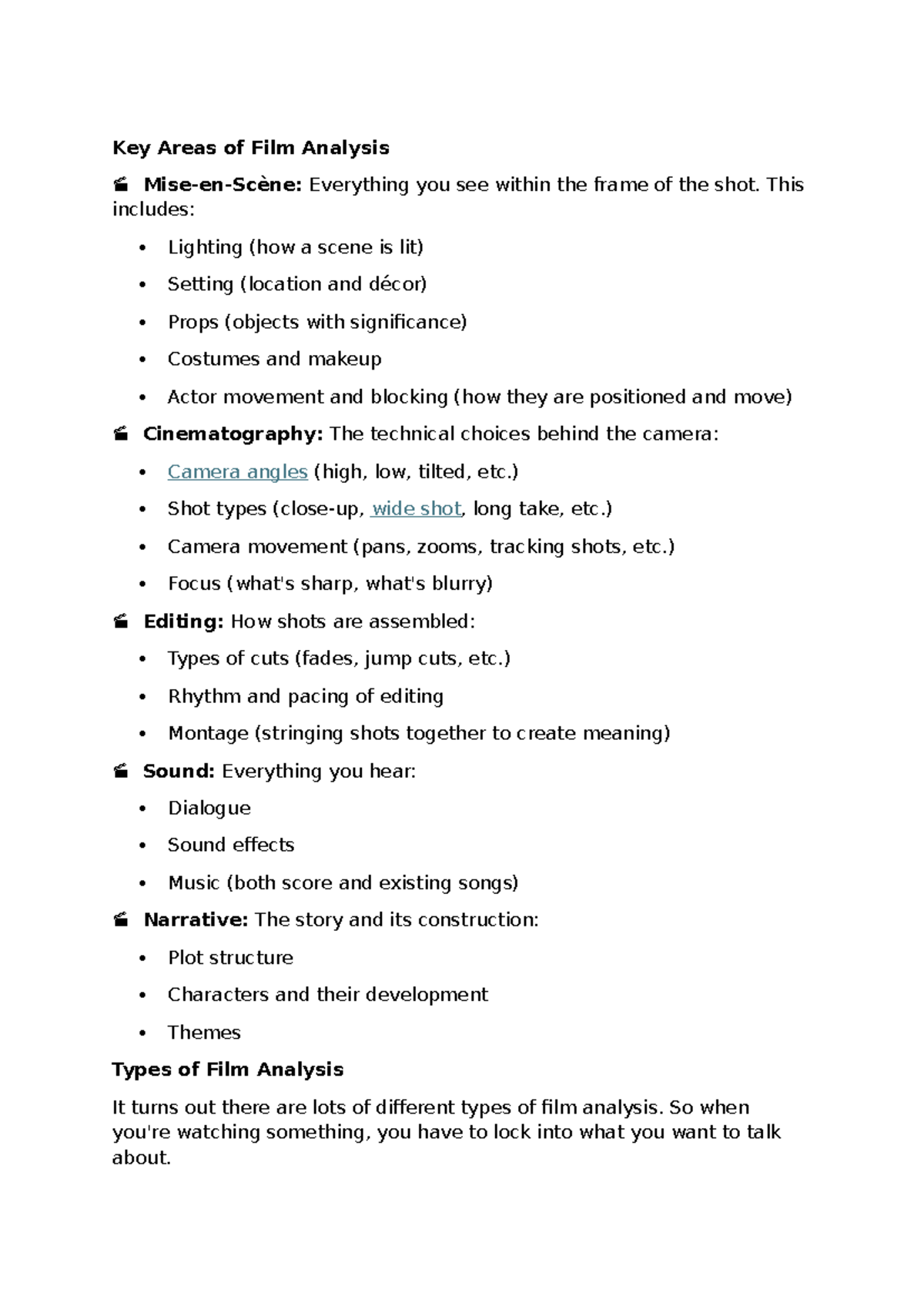 Film Study: Key Areas of Film Analysis and Techniques - Studocu