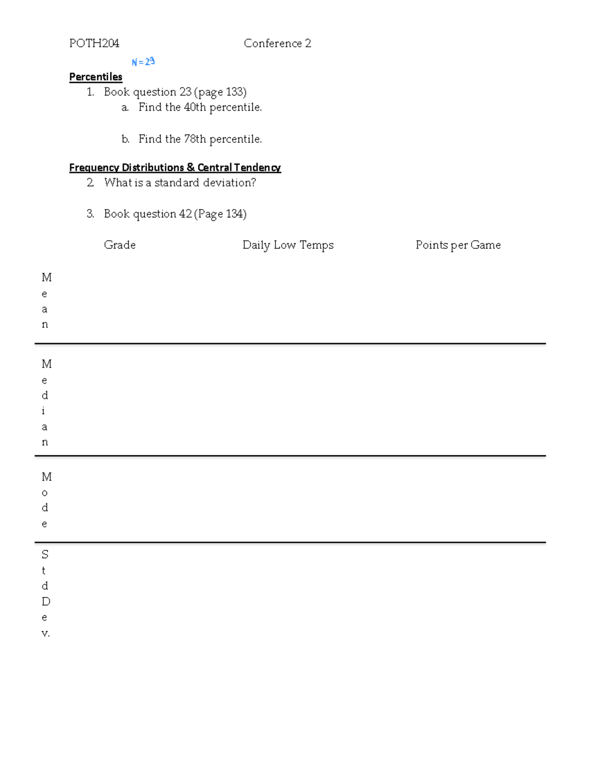 POTH204 Conference 2: Percentiles, Standard Deviation & Variance ...