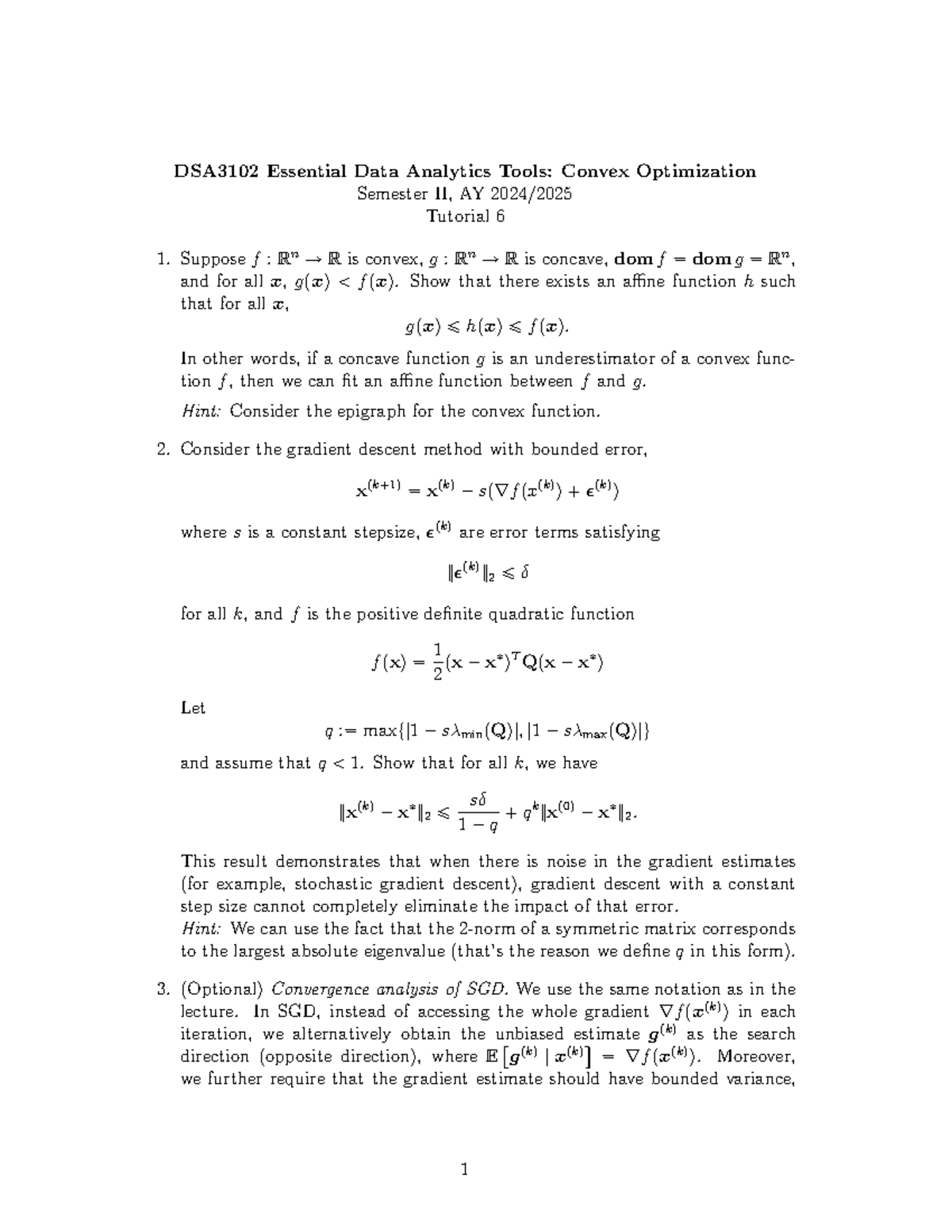 DSA3102 Tutorial 6: Convex Optimization and Gradient Descent Analysis ...
