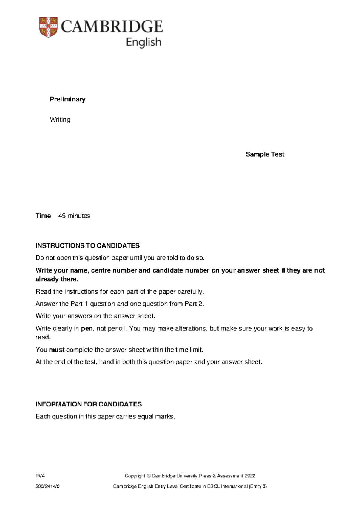 B1 Preliminary 2022 sample Writing - question paper - Preliminary ...