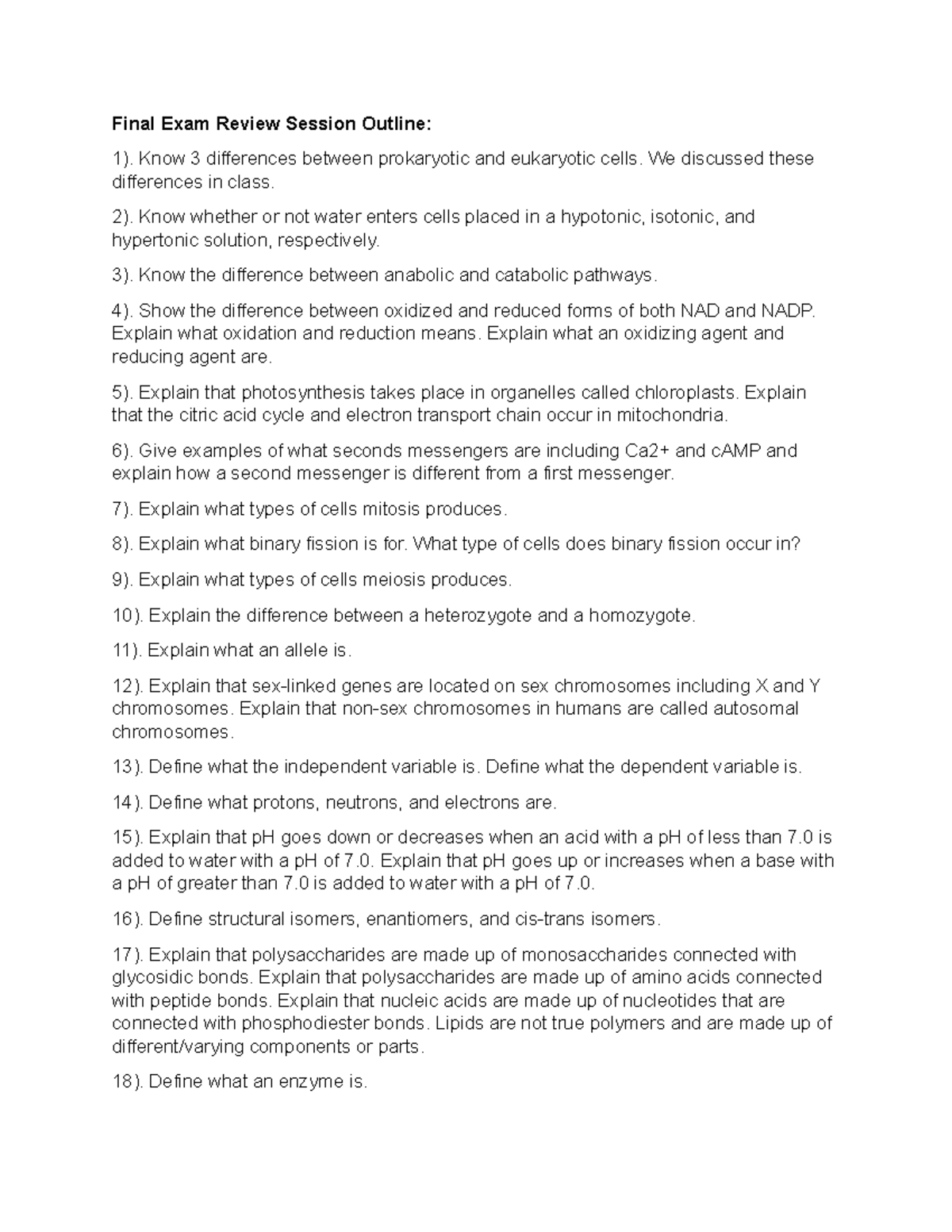 Final Exam Review Outline for Biology 101: Key Concepts and Definitions ...