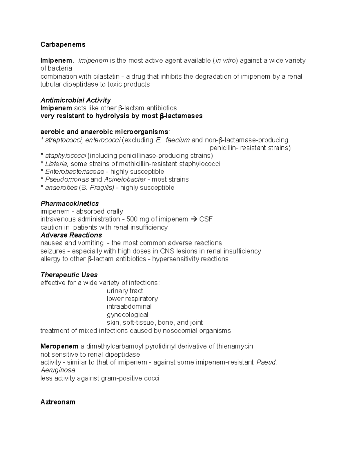 Carbapenems: Imipenem Overview and Student Notes - Studocu