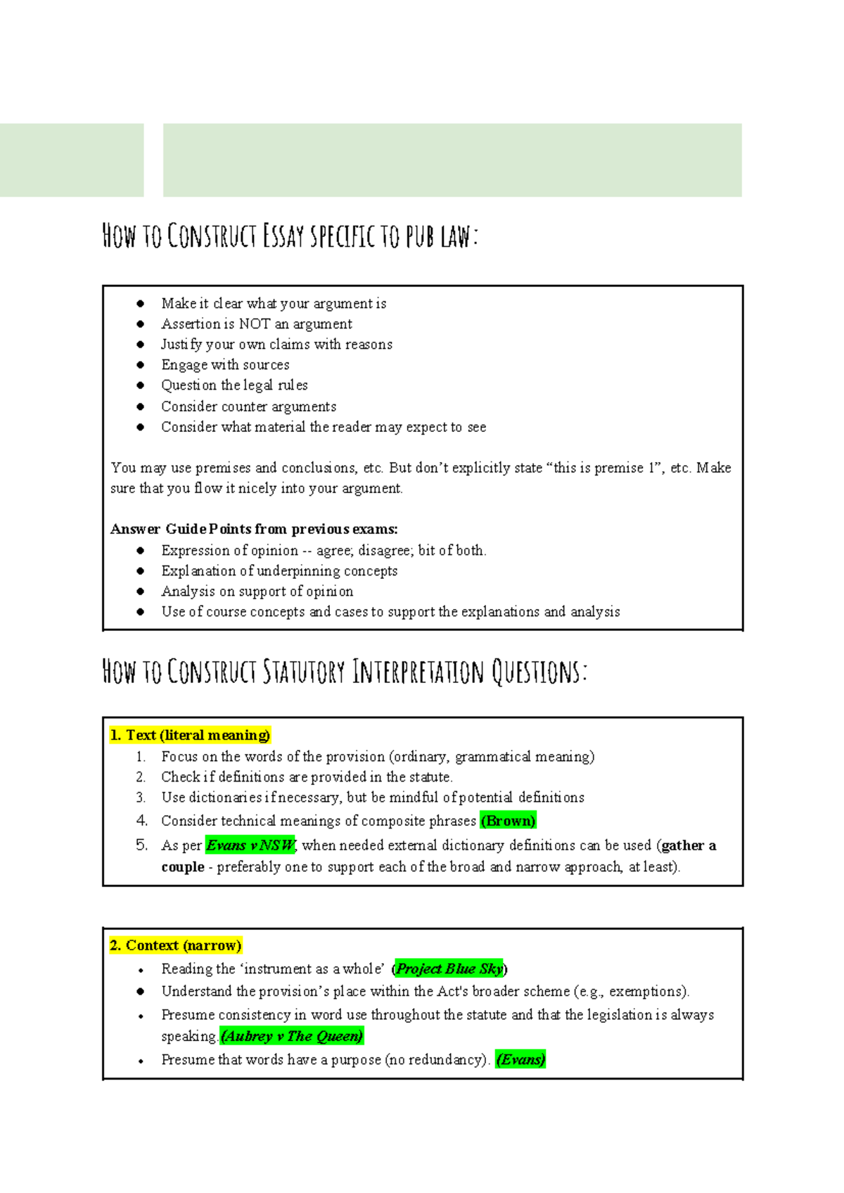 Public Law + Statutory Interpretation Exam Notes & Case Analysis - Studocu