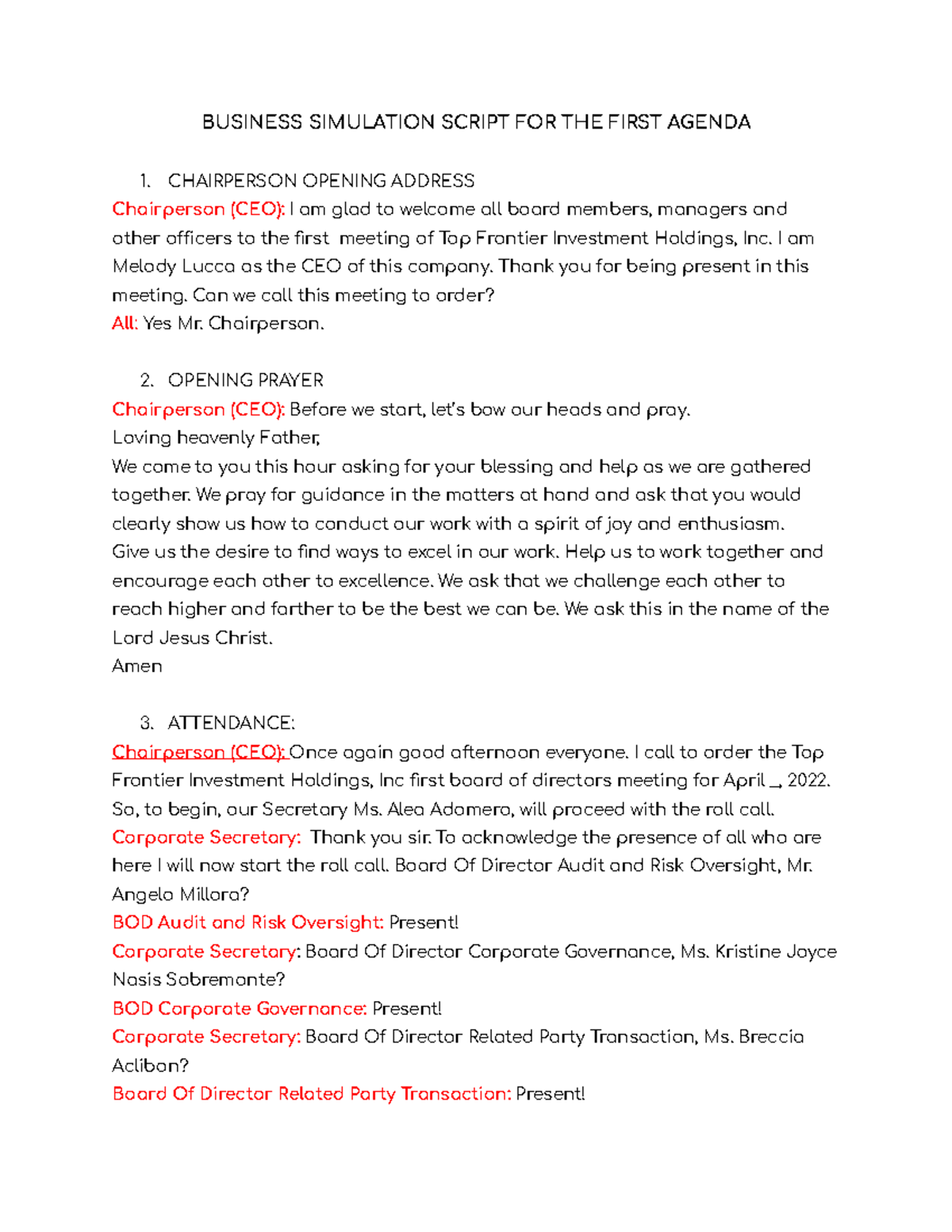 BUSINESS SIMULATION SCRIPT FOR TOP FRONTIER 1ST MEETING AGENDA - Studocu