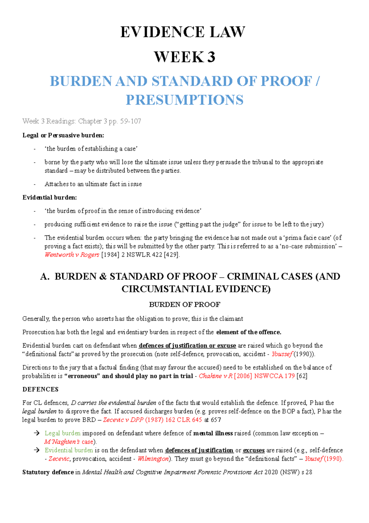 Week 3 Evidence Law Notes: Burden, Standard of Proof & Presumptions ...