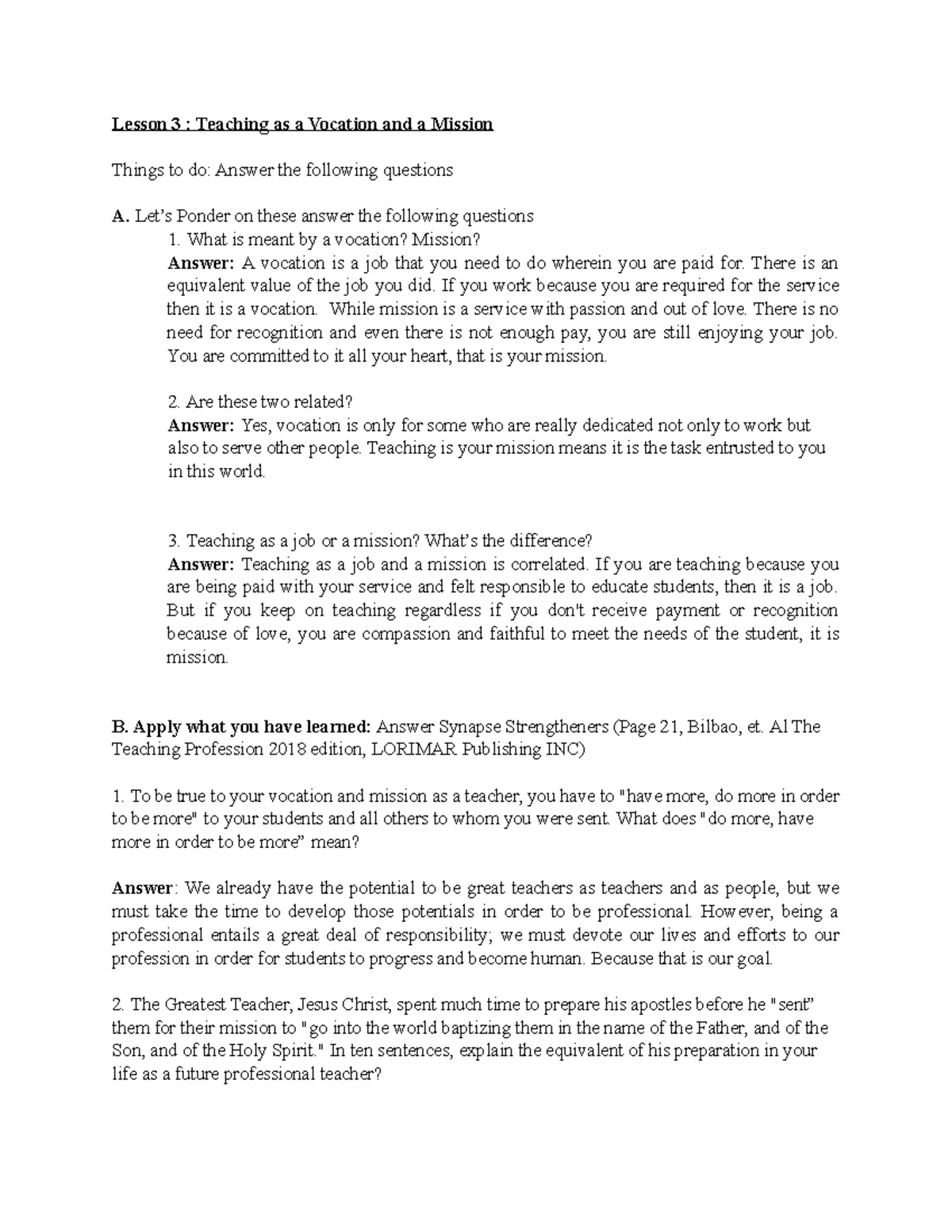 Answer sheet -Lesson 3 Teaching as a Vocation and a Mission - Lesson 3 ...