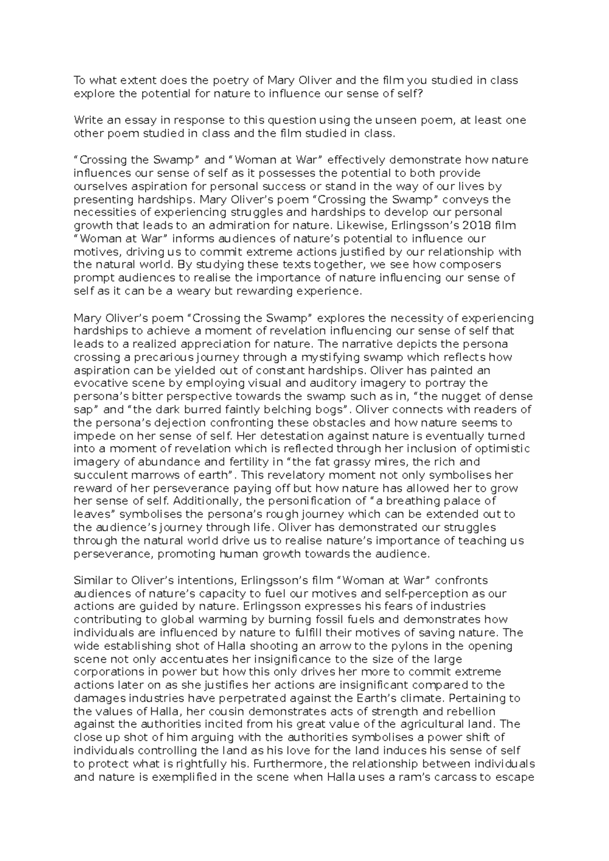 ENG 202 Essay: The Influences of Nature on Identity in Oliver ...