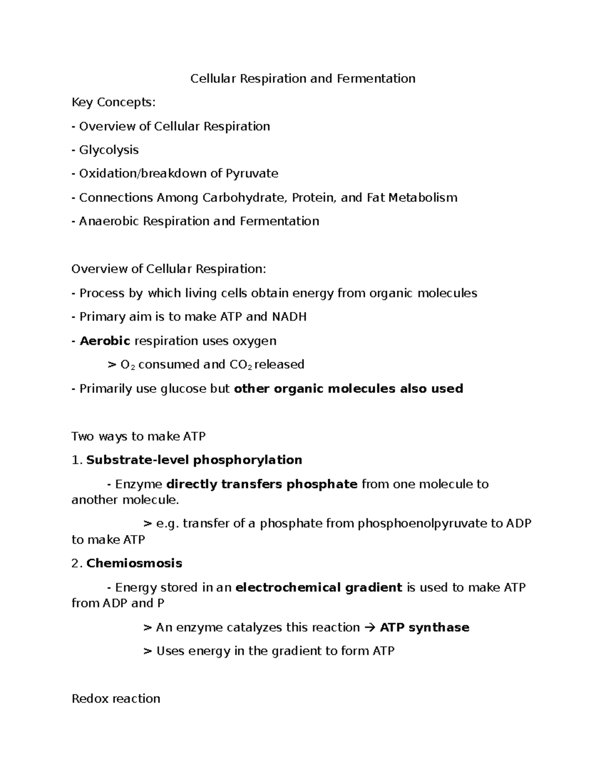 Biology Chapter 7: Cellular Respiration & Fermentation Overview - Studocu