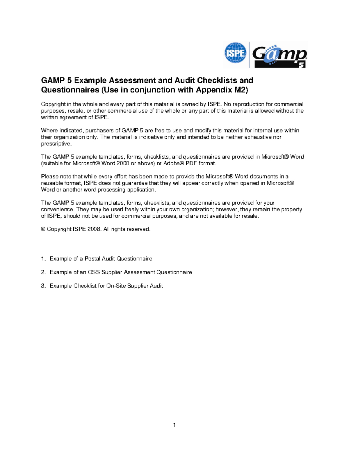 GAMP 5 Assessment Checklists & Questionnaires for Audits - Studocu