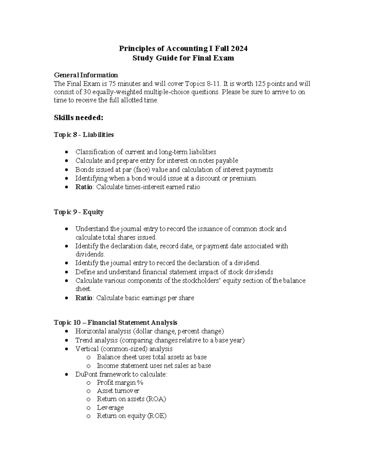 Principles of Accounting I: Study Guide for Final Exam Fall 2024 - Studocu