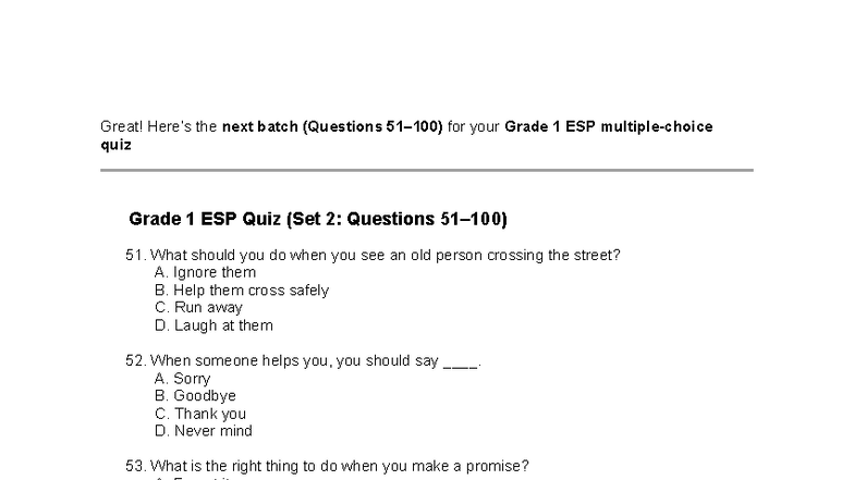 Grade 1 ESP Quiz (Set 2): Questions on Manners and Respect - Studocu