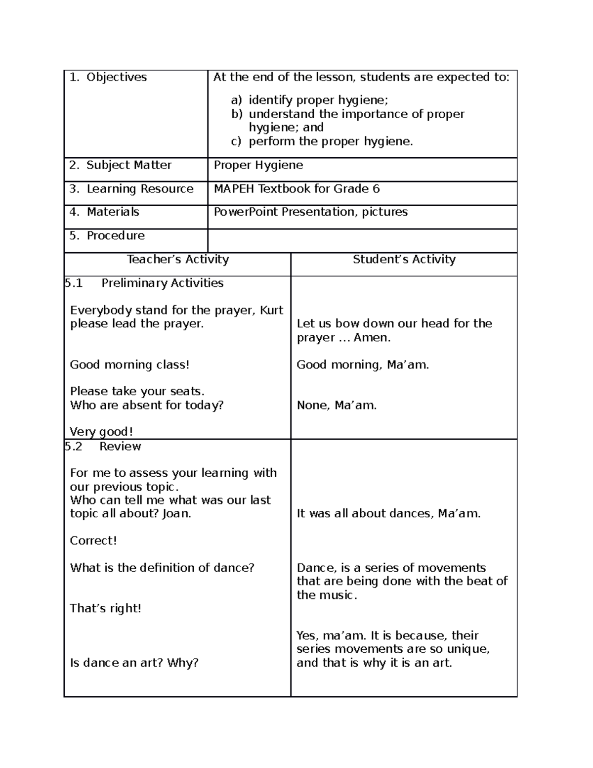 BEED Proper Hygiene DLP - Objectives At the end of the lesson, students ...