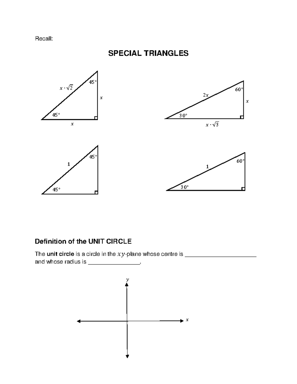 Trigonometry: Special Triangles and Unit Circle - Studocu