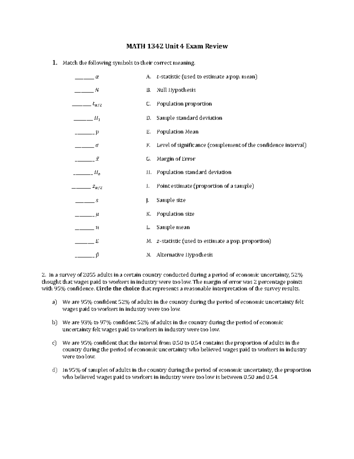 MATH 1342 Unit 4 Exam Review: Key Concepts and Practice Problems - Studocu