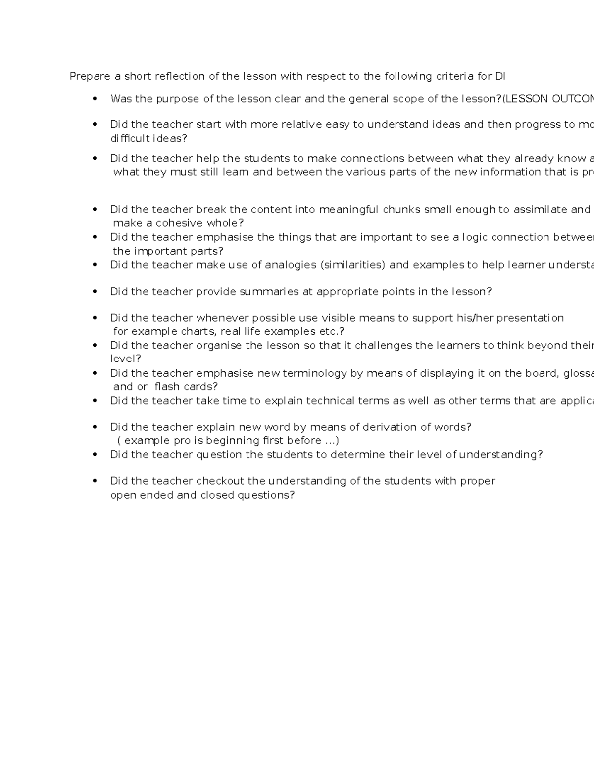 Reflection Questionnaire for Direct Instruction (DI) Lesson Evaluation ...
