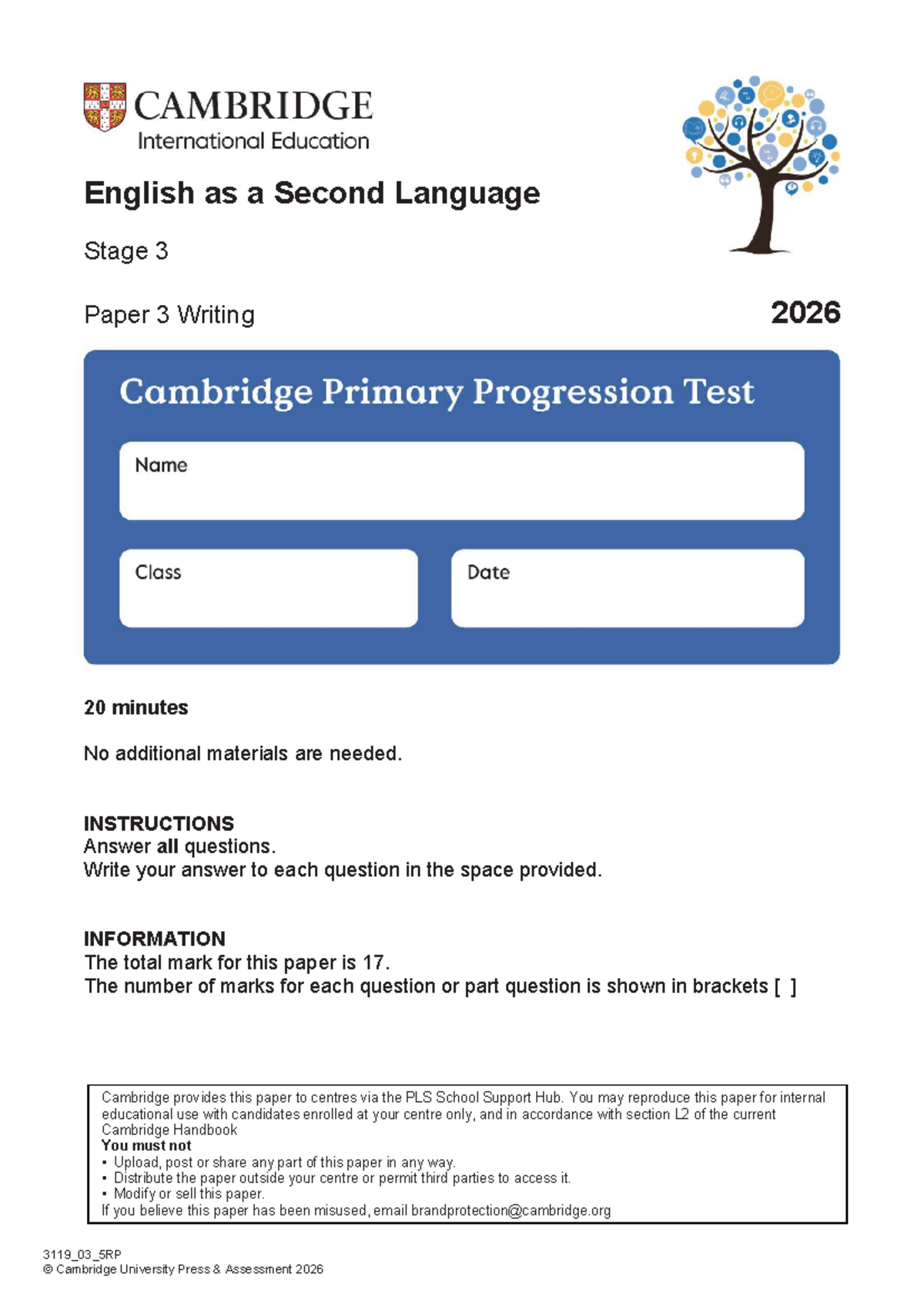 ESL Stage 3 Paper 3 Writing 2026 - 20 Min Exam Instructions - Studocu