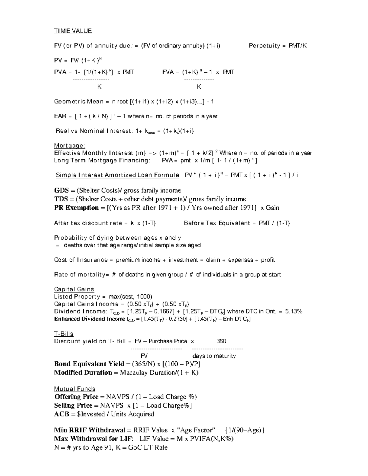 Final Exam Formula Sheet for Time Value of Money Concepts - Studocu