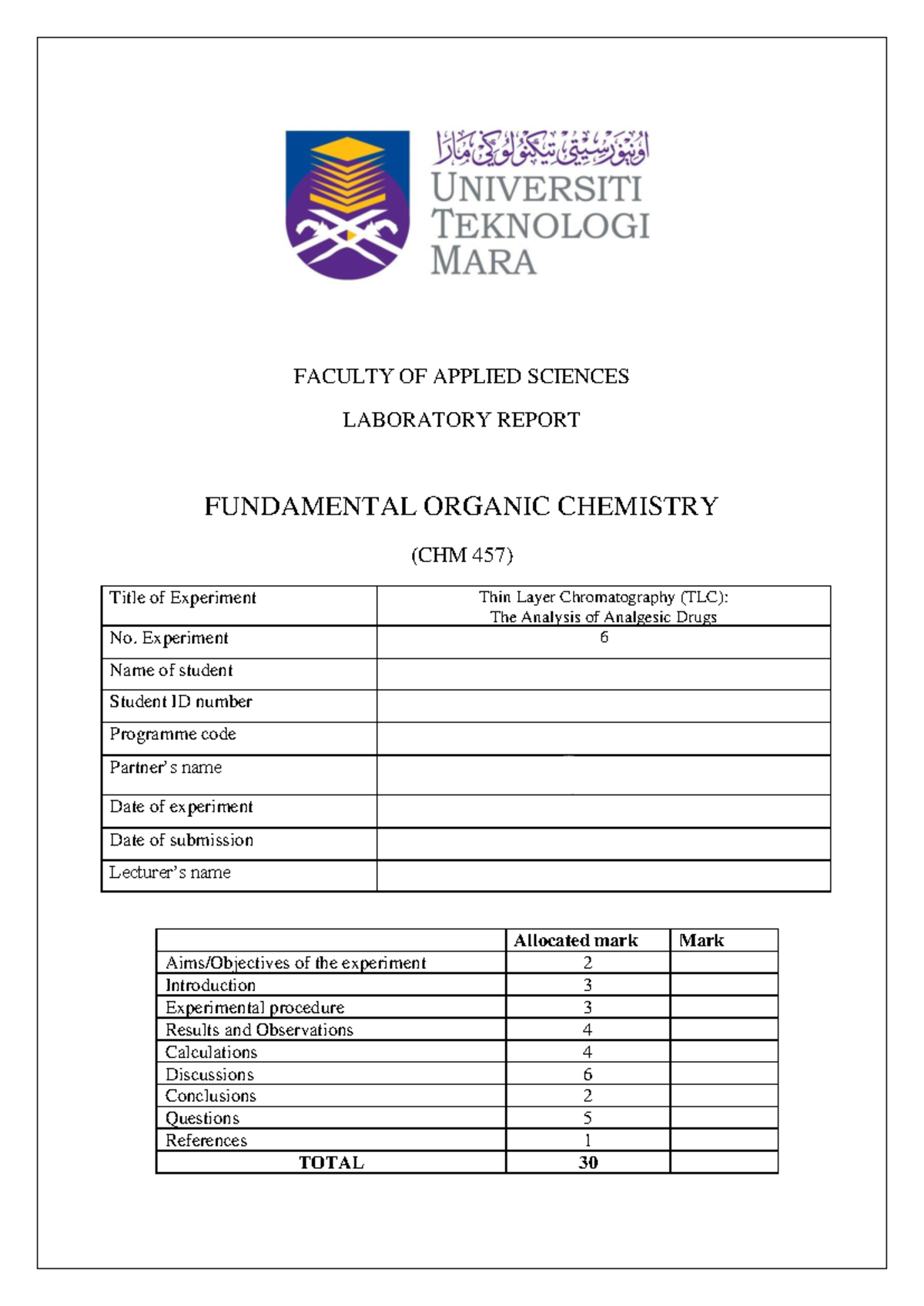 CHM457 EXP6 - TLC Analysis of Analgesics in Organic Chemistry Lab ...