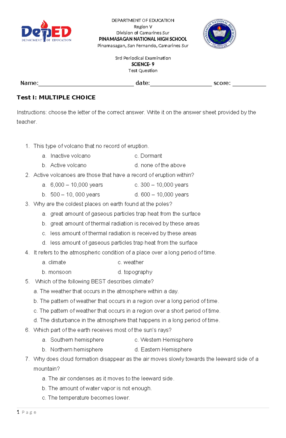 Grade 9 Science 3rd Quarter Exam: Key Concepts and Questions - Studocu