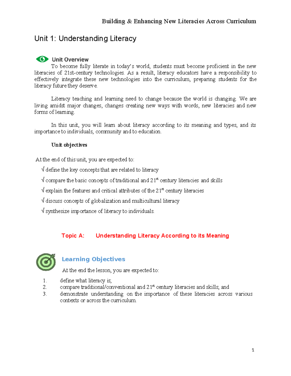 Building Enhancing New Literacies Across Curriculum: Unit 1 Overview ...