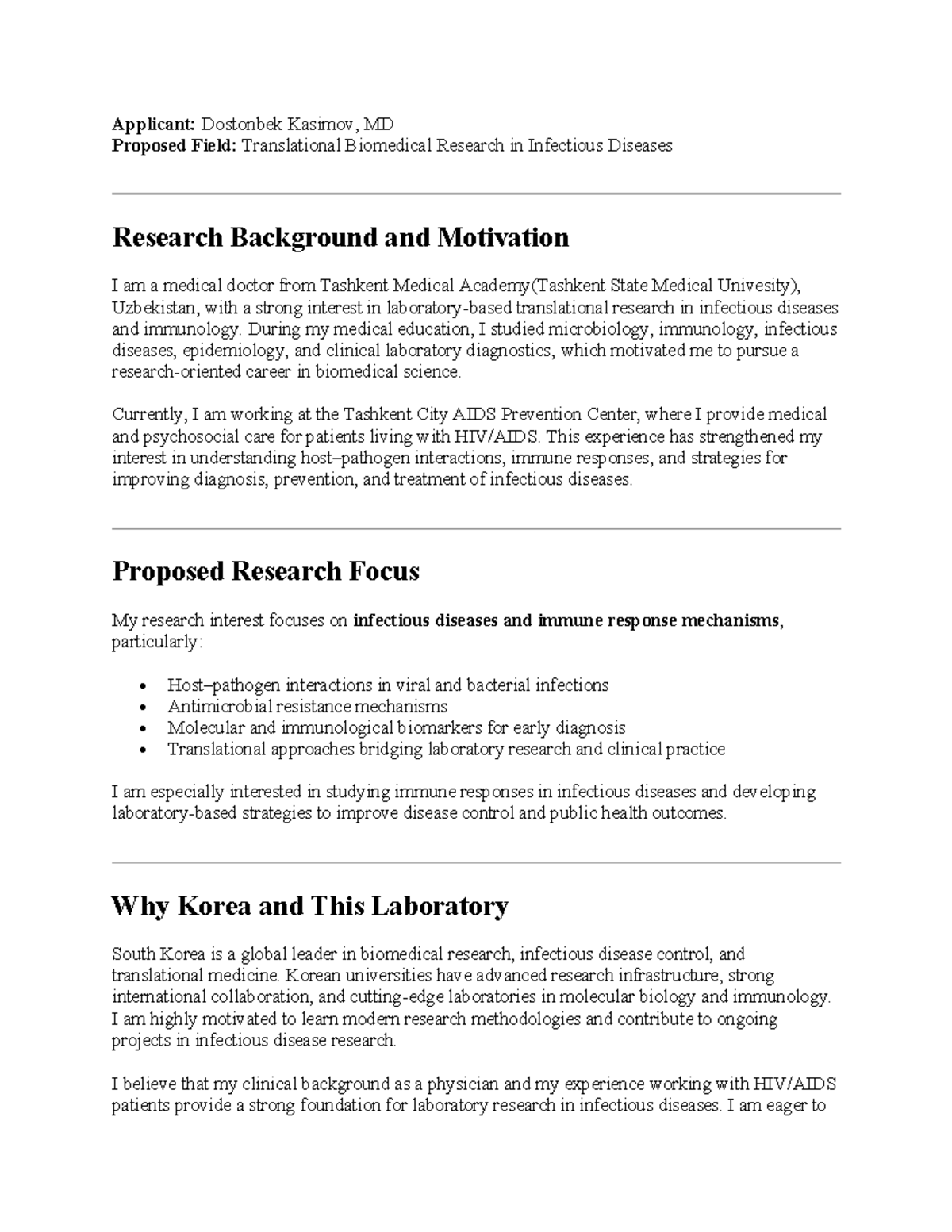 MD Research Proposal: Translational Biomedical Research in Infectious ...