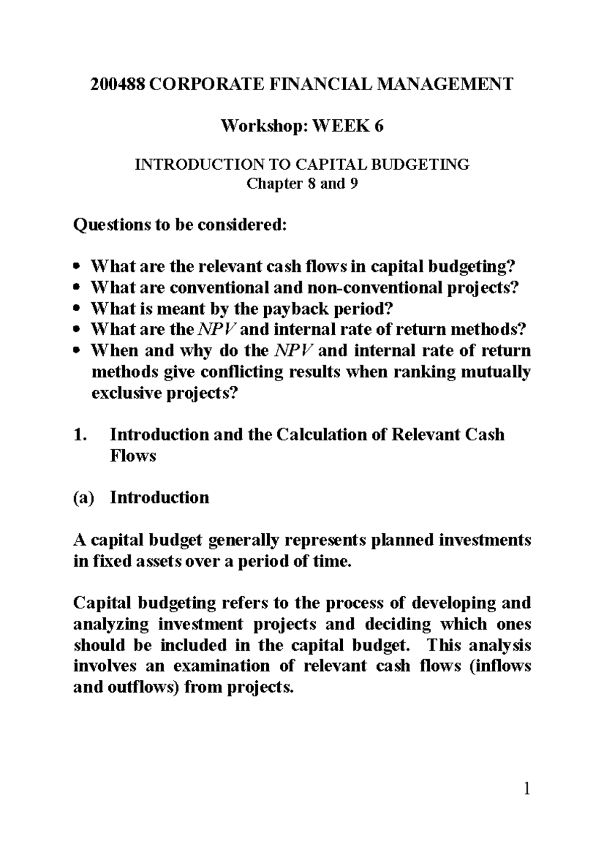 Workshop 6 - good - 200488 CORPORATE FINANCIAL MANAGEMENT Workshop ...