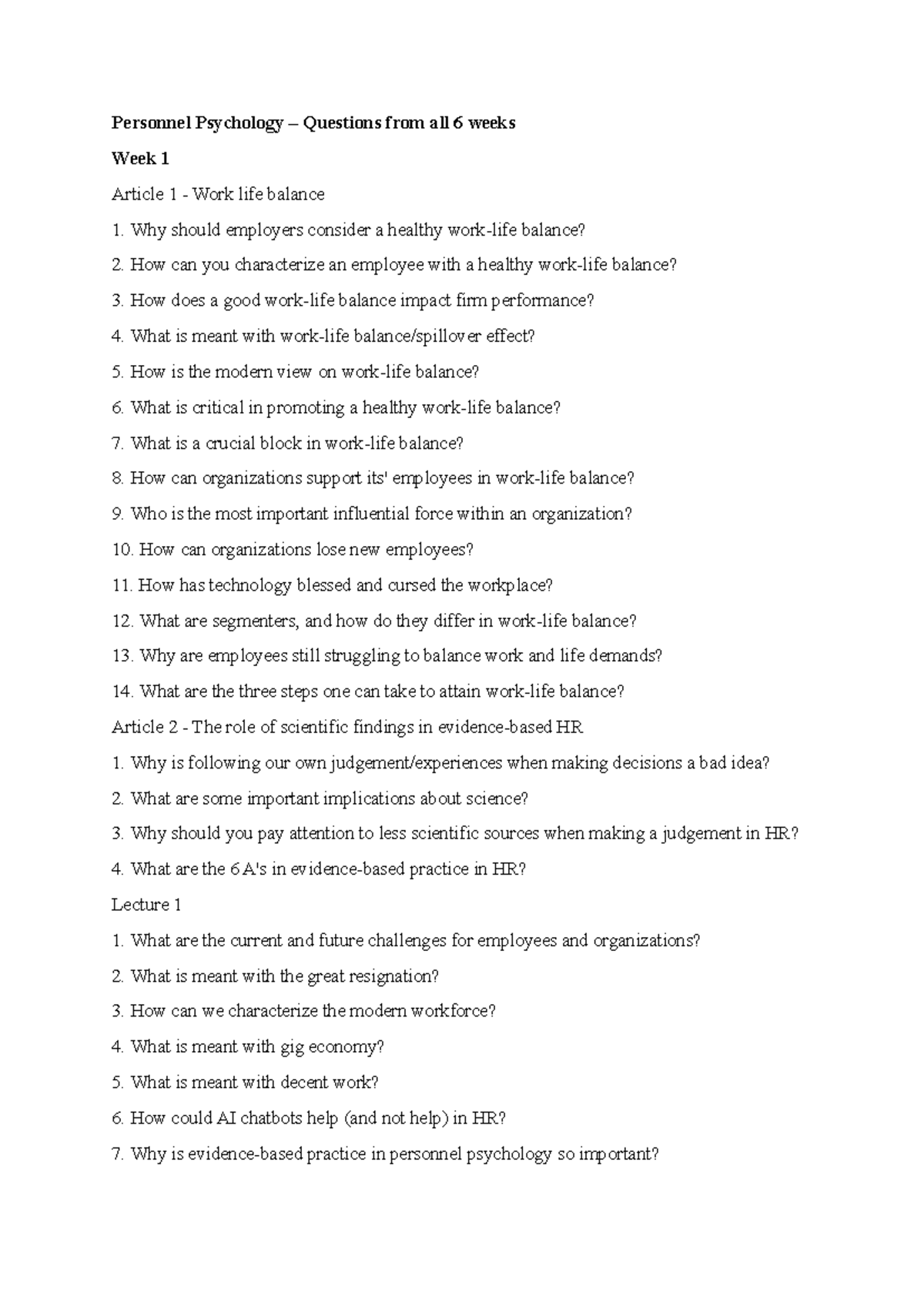 Practice Questions for Personnel Psychology (PSY 101) - Weeks 1-6 ...