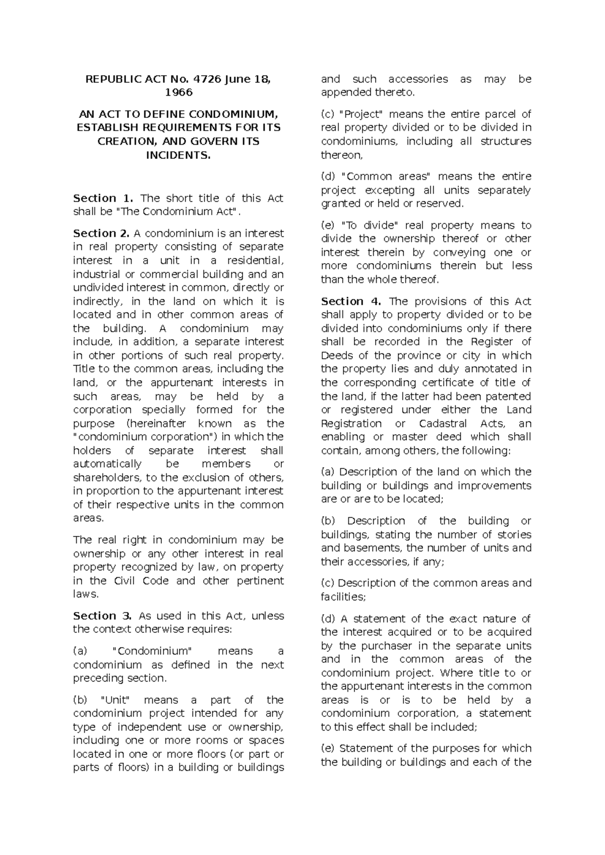 Condominium Act Overview: Notes and Lectures on RA 4726 - Studocu