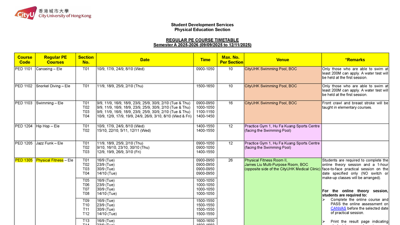 Regular PE Course Timetable Semester A 2025-2026 - Studocu
