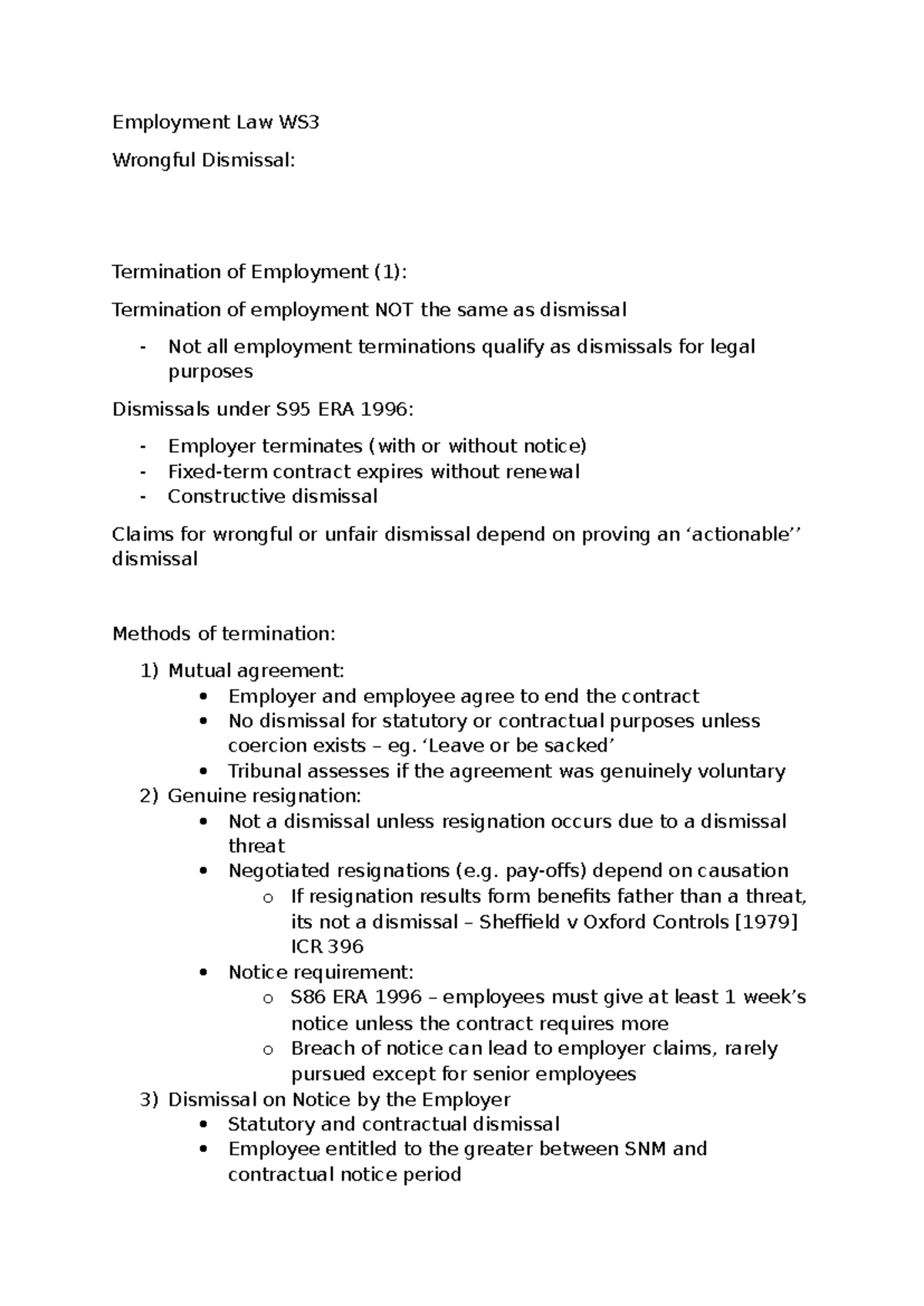 Employment Law WS 3 - summary of dismissals - Employment Law WS ...